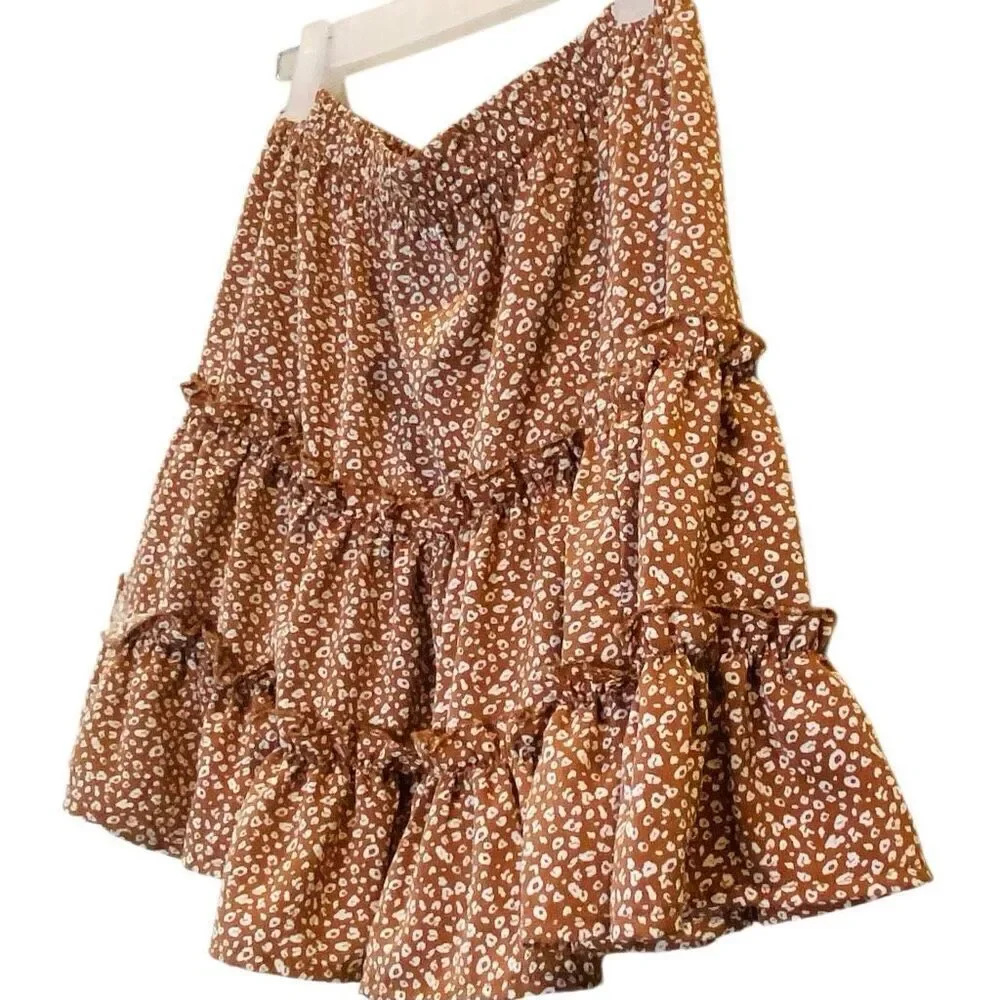 NWT Hyfve Elastic Waist Ruffle Tiered Pull-on Printed Mini Skirt Tan Medium